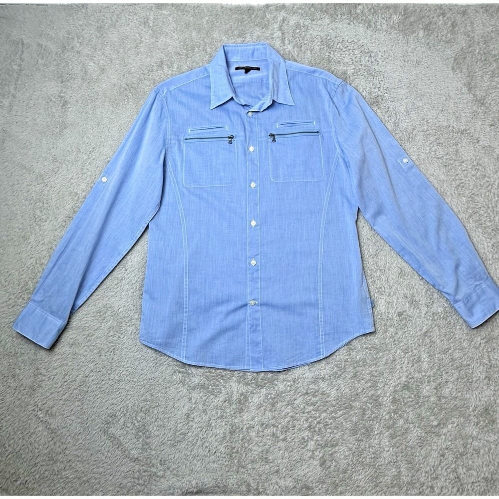 John Varvatos Womens Medium Blue Cotton‎ Minimalist Chic Shirt Roll Tab Sleeves - Picture 10 of 13